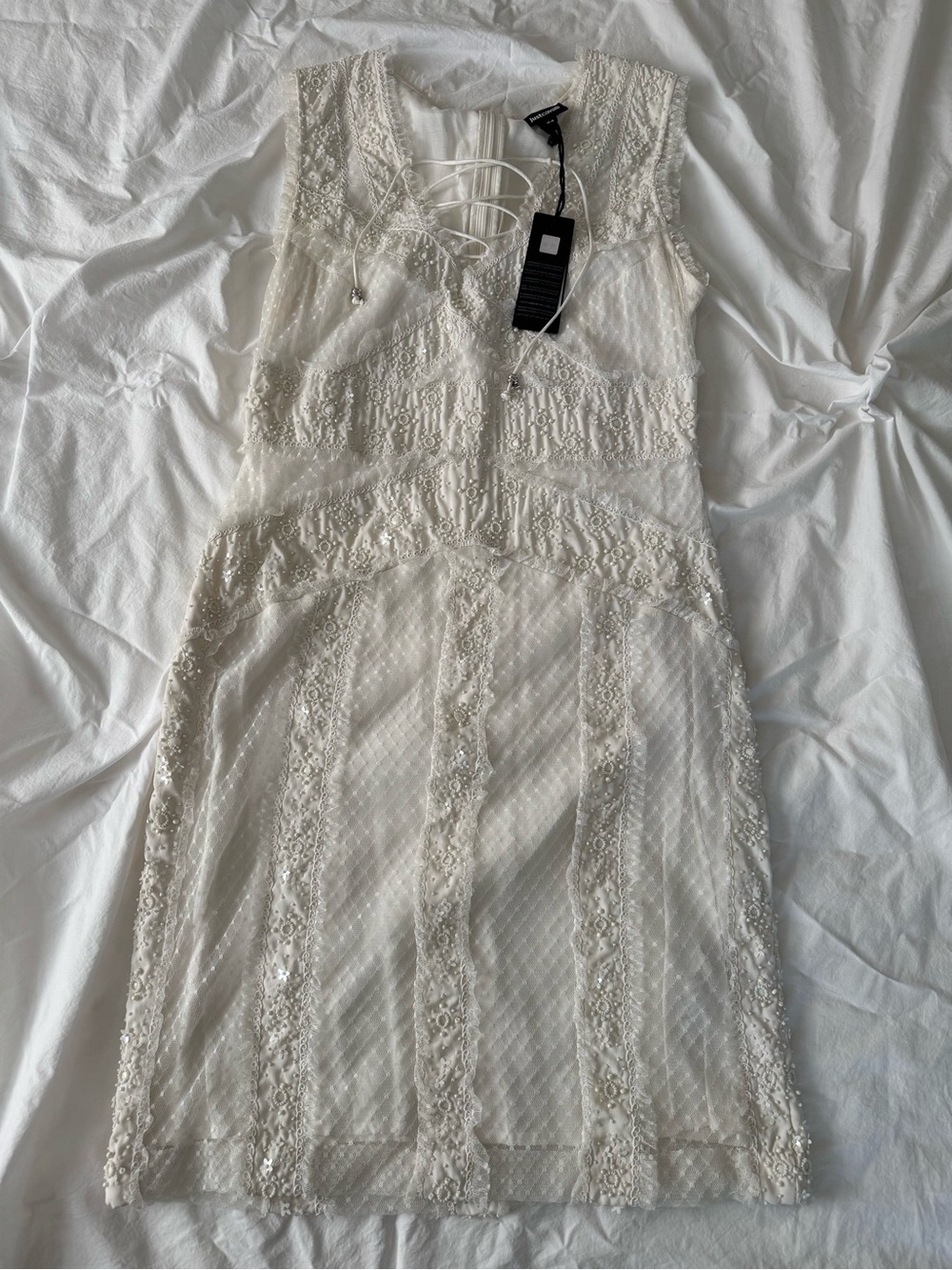 Just Cavalli white beaded Mini Dress with Lace-Up Neckline NWT - Picture 3 of 12